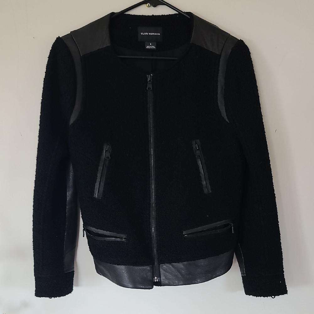 Club Monaco Black Wool&Lamb leather Bomber Jacket. Size 6